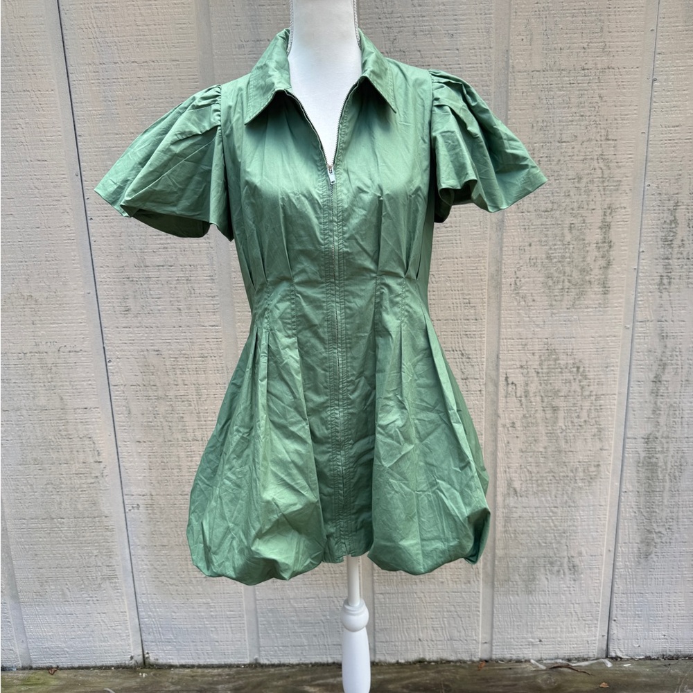 LeLe Sage In The Day Green Puff Sleeve Mini Dress w Bubble Skirt